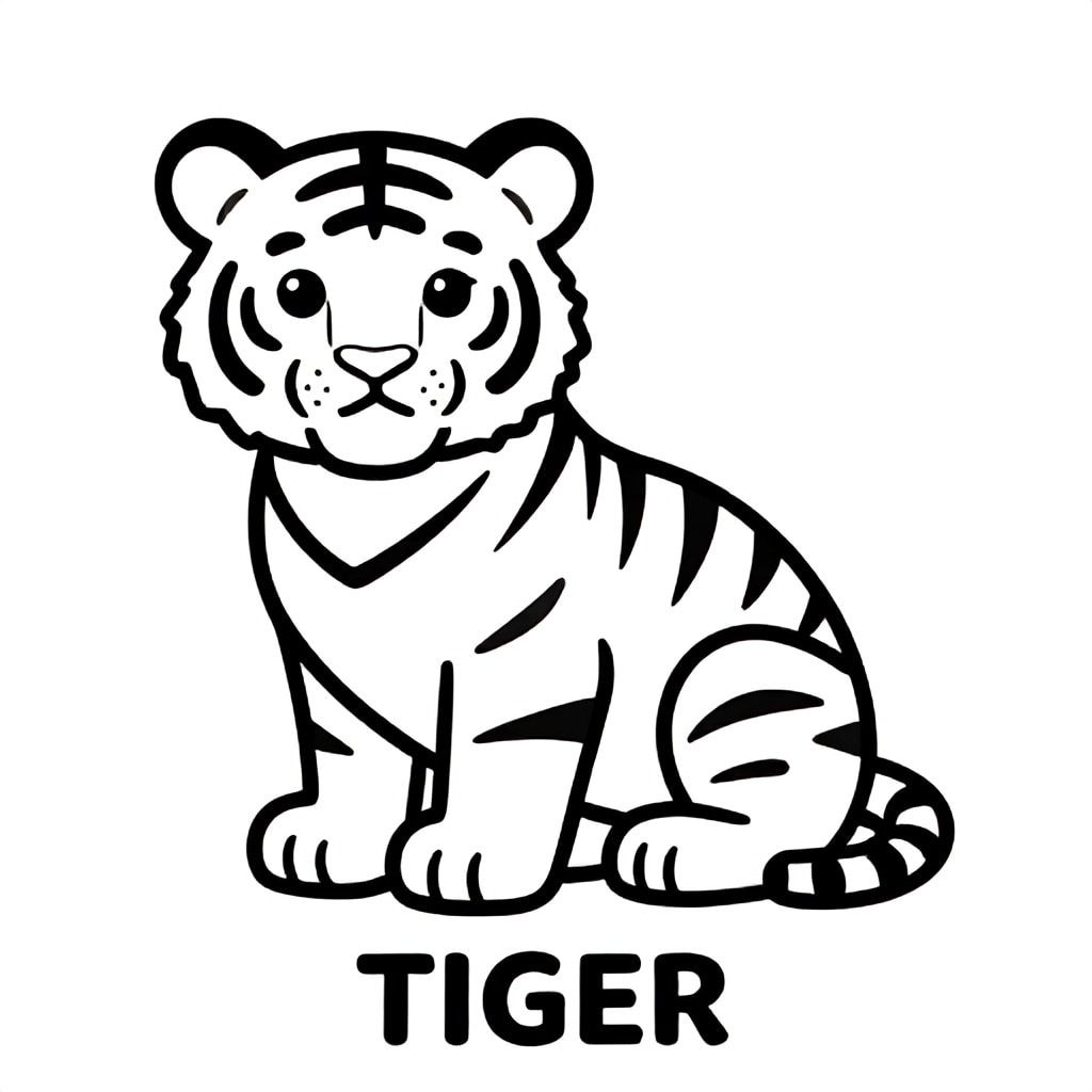 Baby tiger sitting with stripes, simple bold lines, black and white only, TEXT AT BOTTOM CENTER: "TIGER"