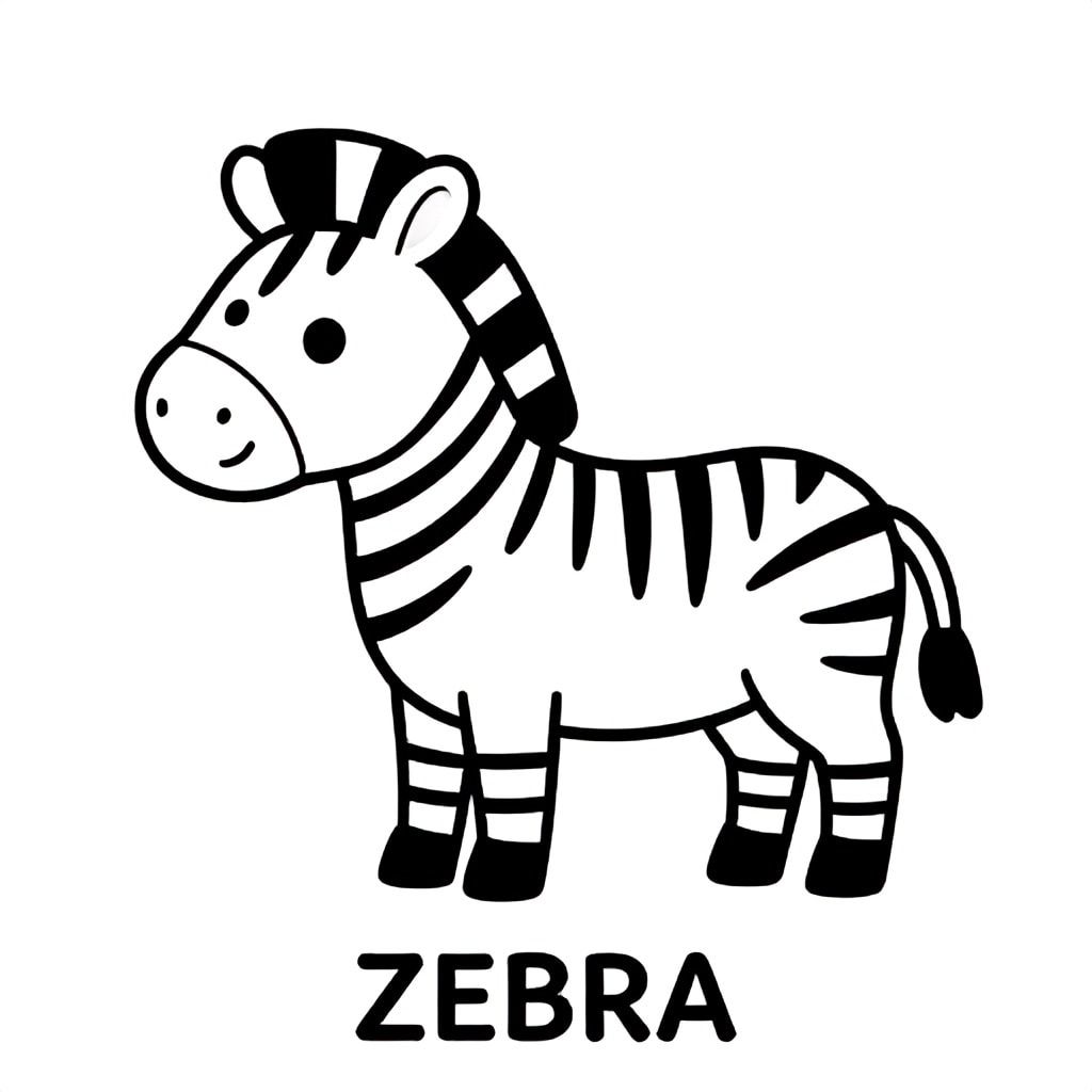 Cute zebra standing with stripe pattern, black and white only, TEXT AT BOTTOM CENTER: "ZEBRA"