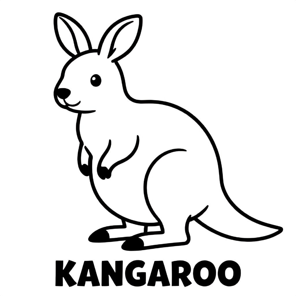Little kangaroo with baby in pouch, bold outlines, black and white only, TEXT AT BOTTOM CENTER: "KANGAROO"