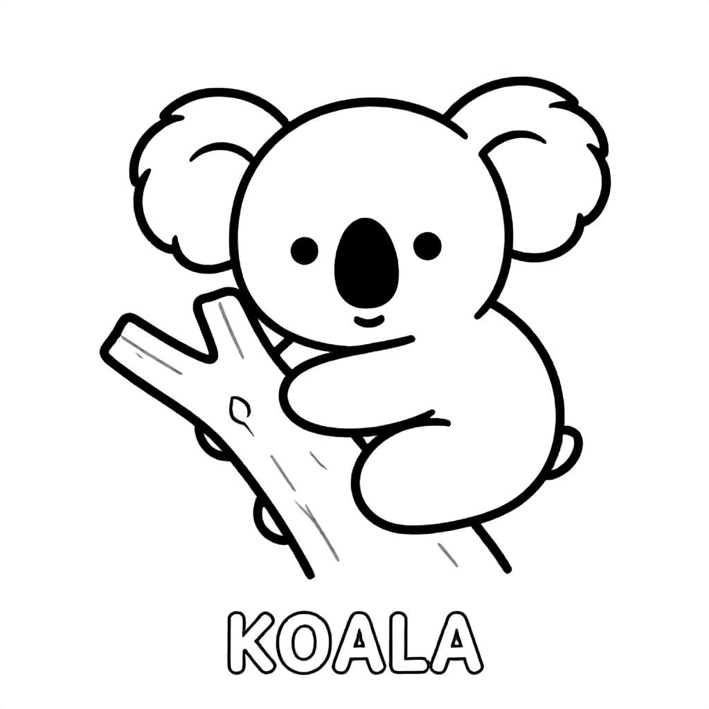 Cute koala hugging a tree branch, simple lines, black and white only, TEXT AT BOTTOM CENTER: "KOALA"