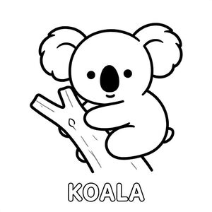 Cute koala hugging a tree branch, simple lines, black and white only, TEXT AT BOTTOM CENTER: "KOALA"