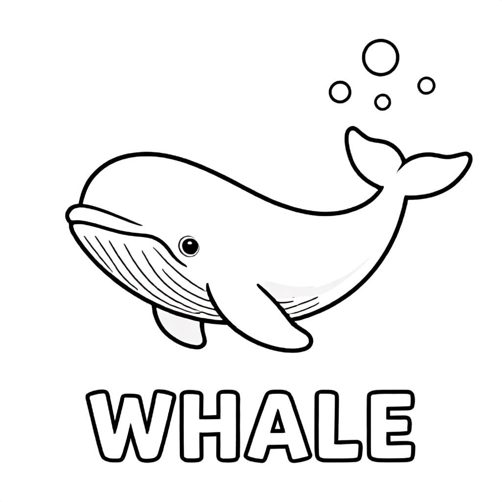 Baby whale swimming underwater with bubbles, bold outlines, black and white only, TEXT AT BOTTOM CENTER: "WHALE"