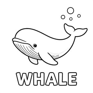 Baby whale swimming underwater with bubbles, bold outlines, black and white only, TEXT AT BOTTOM CENTER: "WHALE"