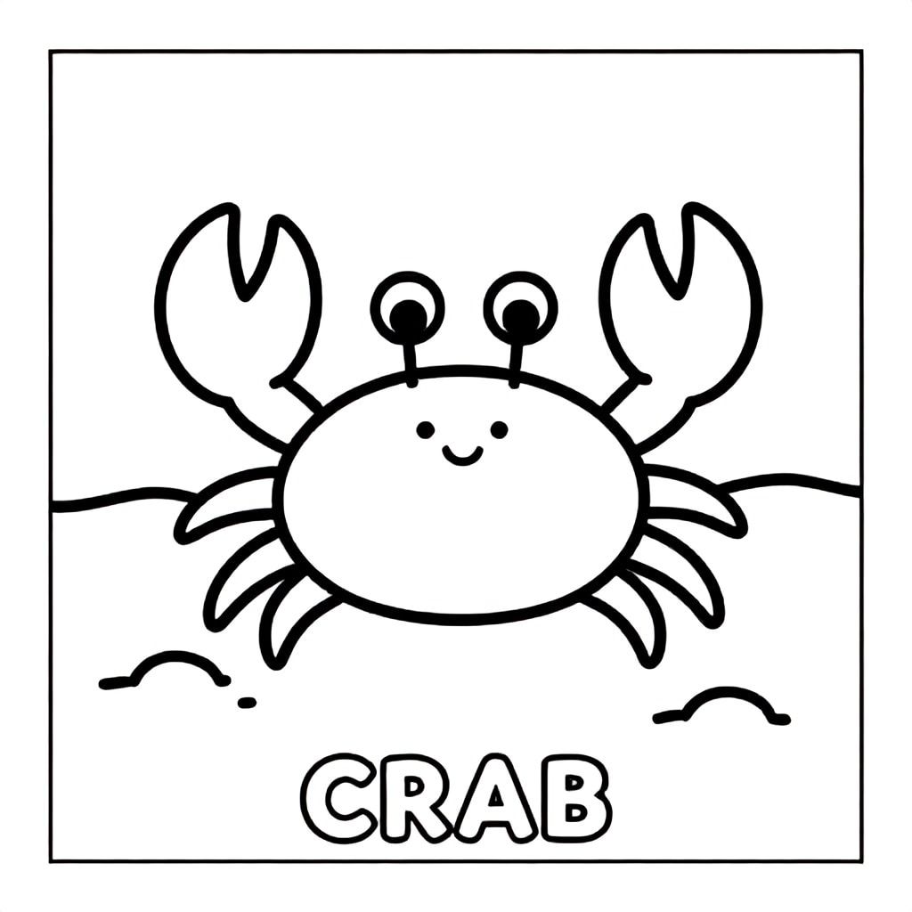 Cute crab on beach with sand shapes, simple lines, black and white only, TEXT AT BOTTOM CENTER: "CRAB"