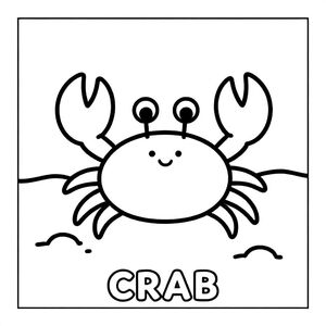 Cute crab on beach with sand shapes, simple lines, black and white only, TEXT AT BOTTOM CENTER: "CRAB"