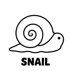 Little snail crawling with spiral shell, bold outlines, black and white only, TEXT AT BOTTOM CENTER: "SNAIL"