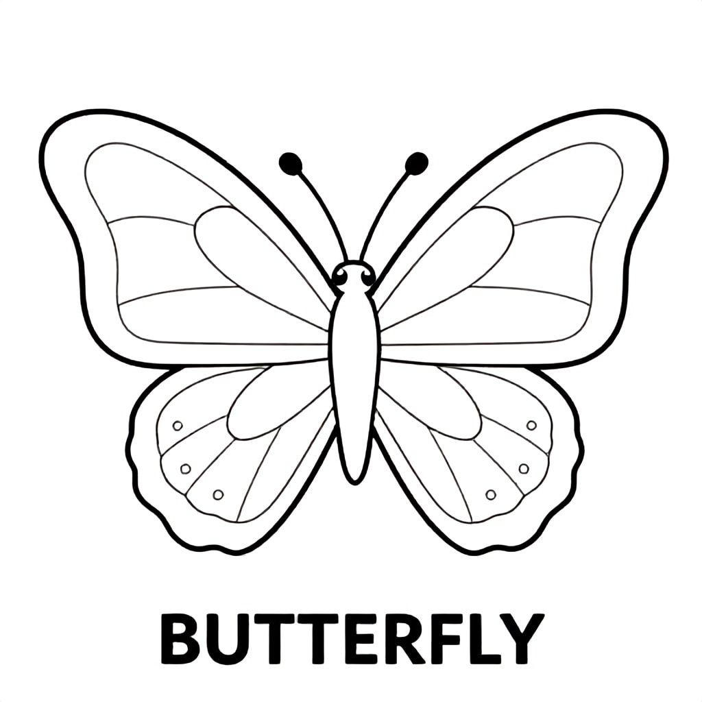 Cute butterfly with big wings and simple patterns, black and white only, TEXT AT BOTTOM CENTER: "BUTTERFLY"
