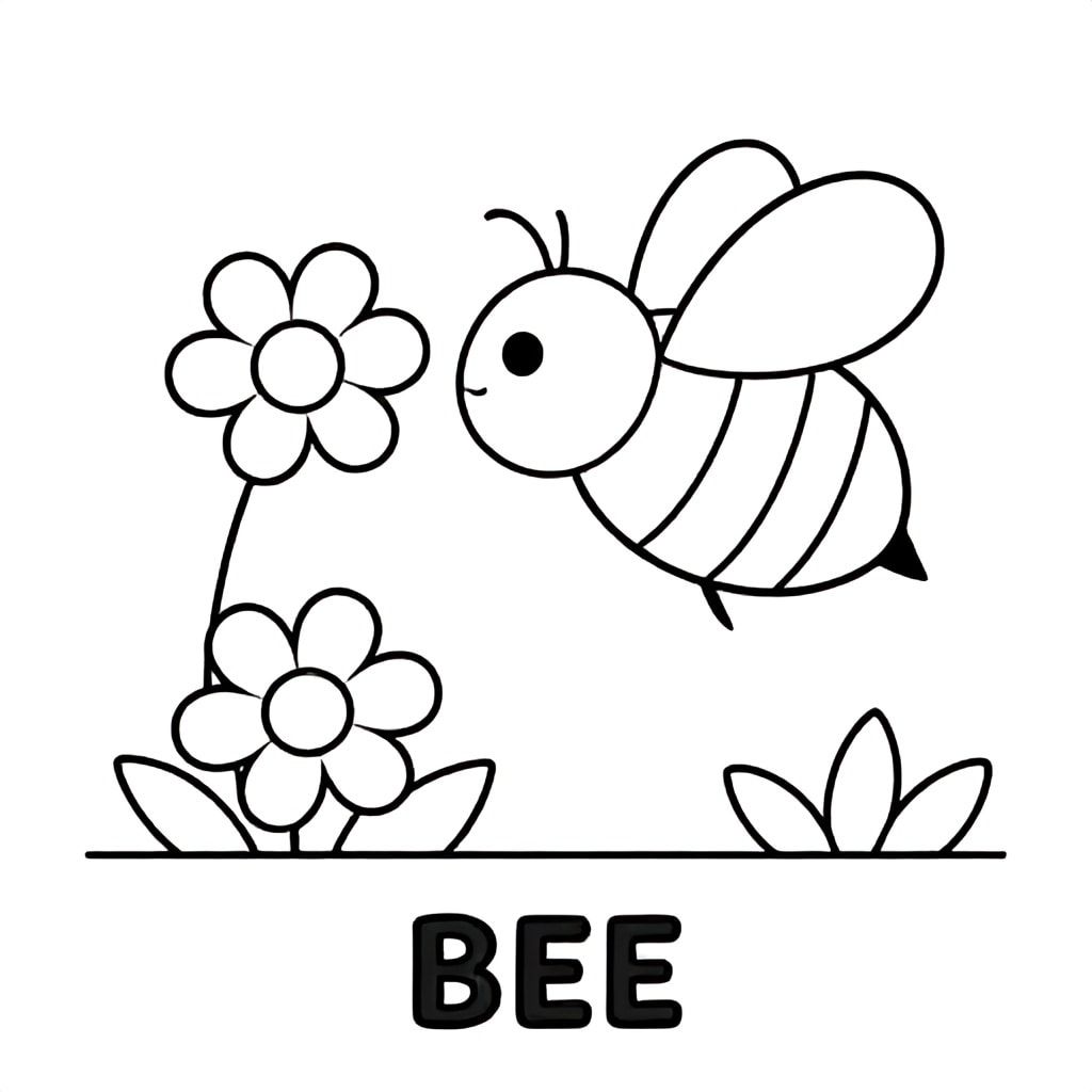 Baby bee flying near flowers, simple shapes, black and white only, TEXT AT BOTTOM CENTER: "BEE"