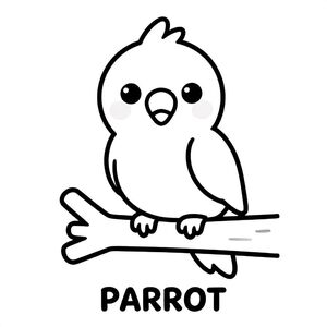 Cute parrot sitting on branch, bold outlines, black and white only, TEXT AT BOTTOM CENTER: "PARROT"