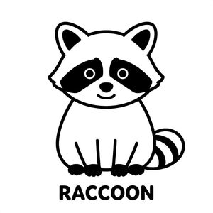 Little raccoon with mask face sitting, simple lines, black and white only, TEXT AT BOTTOM CENTER: "RACCOON"