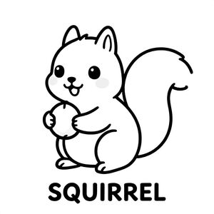 Cute squirrel holding a nut, bold outlines, black and white only, TEXT AT BOTTOM CENTER: "SQUIRREL"