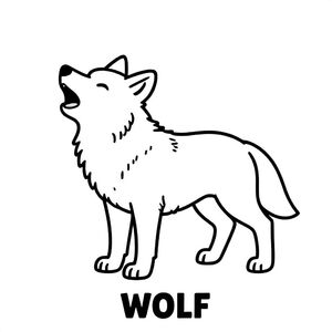 Baby wolf standing and howling softly, simple shapes, black and white only, TEXT AT BOTTOM CENTER: "WOLF"