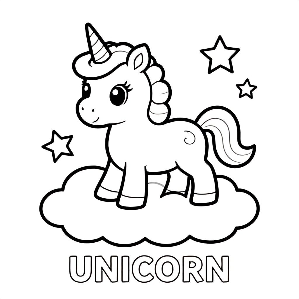 Magical baby unicorn standing on cloud with stars, bold outlines, black and white only, TEXT AT BOTTOM CENTER: "UNICORN"