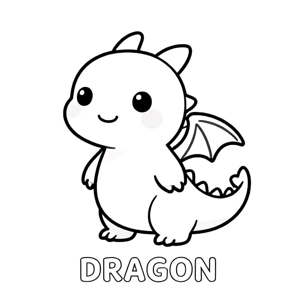 Cute baby dragon with small wings smiling, simple shapes, black and white only, TEXT AT BOTTOM CENTER: "DRAGON"