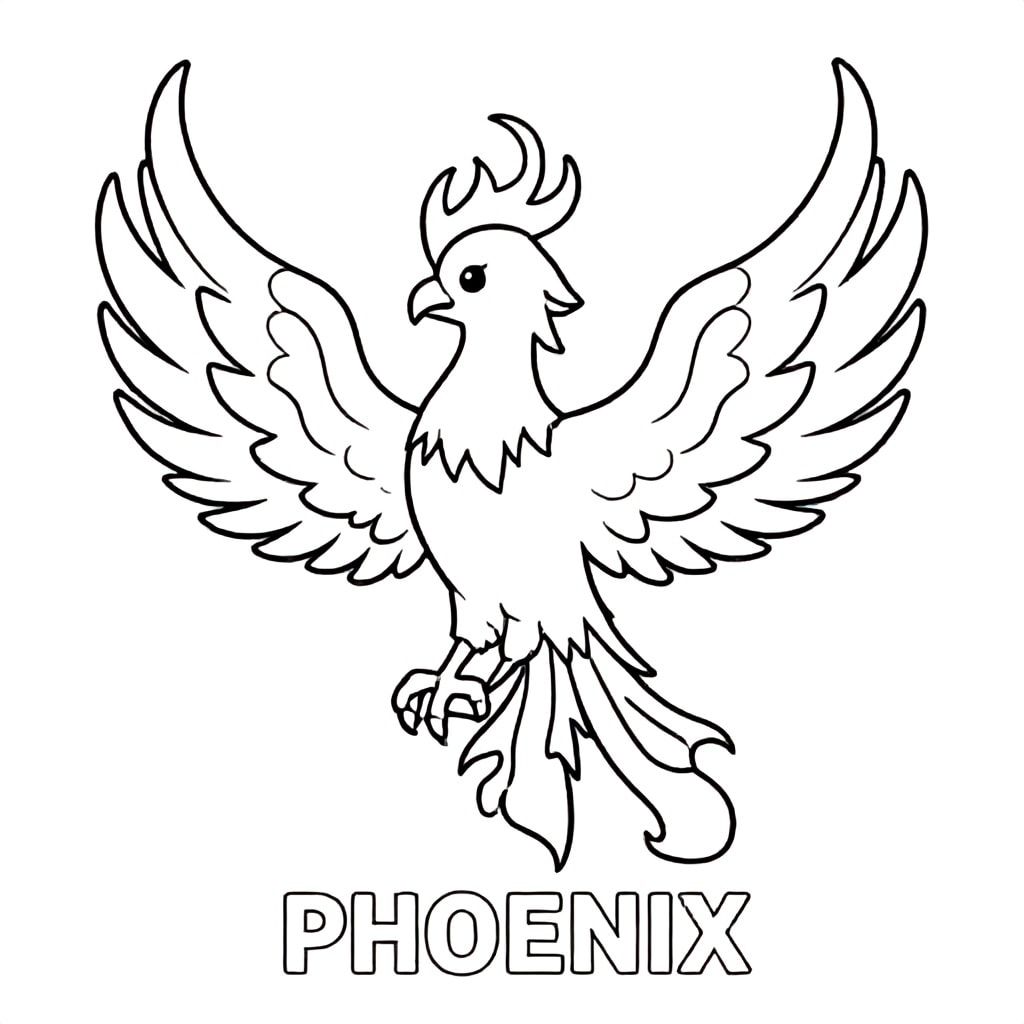 Fantasy phoenix bird with flame shapes, bold outlines, black and white only, TEXT AT BOTTOM CENTER: "PHOENIX"