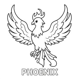 Fantasy phoenix bird with flame shapes, bold outlines, black and white only, TEXT AT BOTTOM CENTER: "PHOENIX"