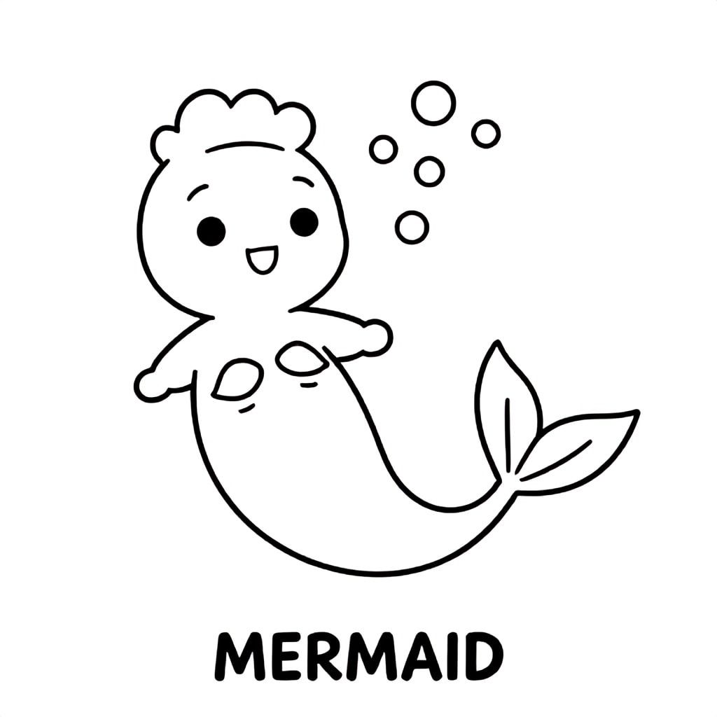 Cute mermaid underwater with fish tail and bubbles, simple lines, black and white only, TEXT AT BOTTOM CENTER: "MERMAID"
