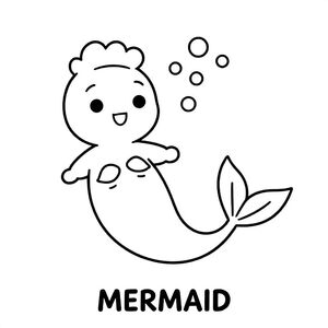 Cute mermaid underwater with fish tail and bubbles, simple lines, black and white only, TEXT AT BOTTOM CENTER: "MERMAID"