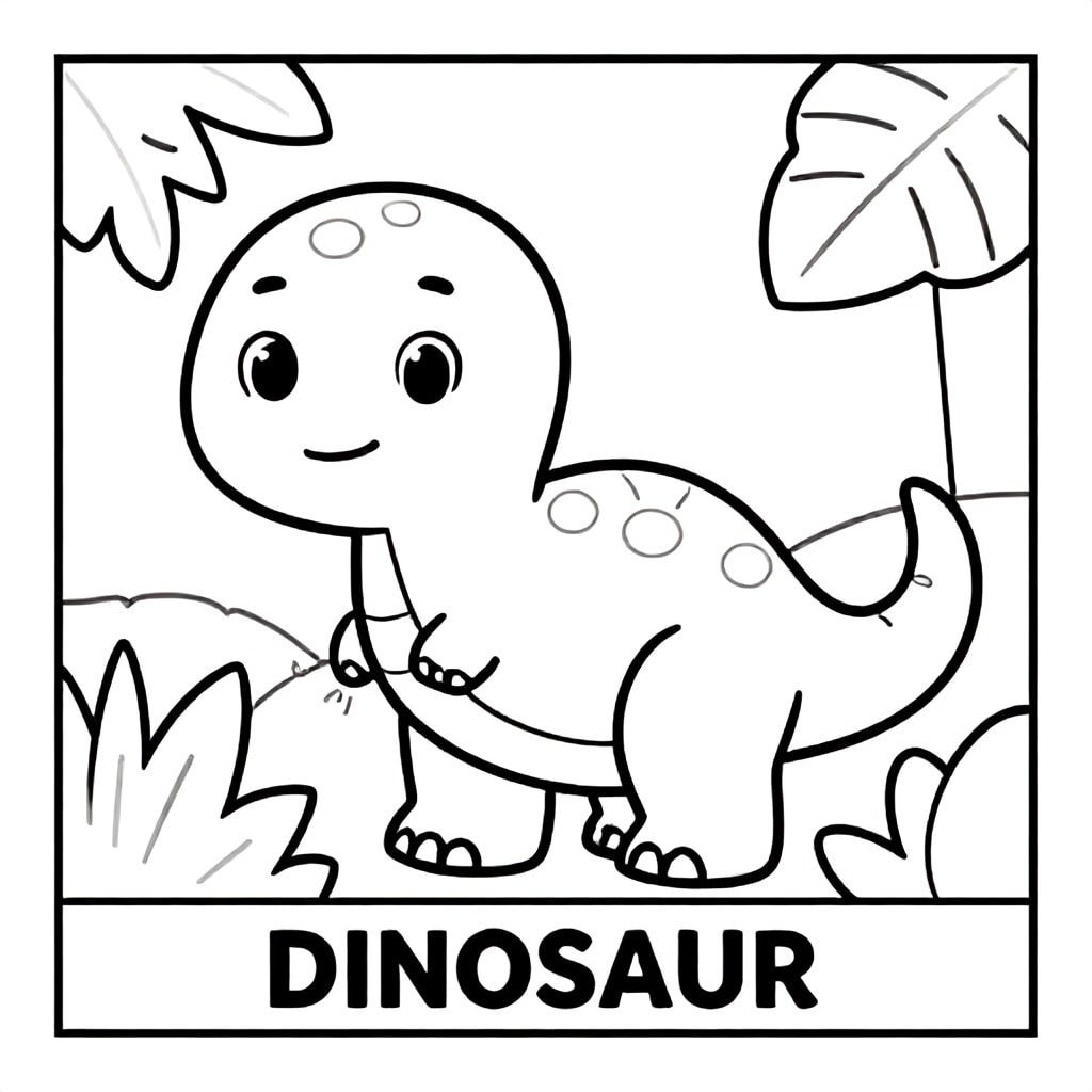 Friendly baby dinosaur in jungle with leaves, bold outlines, black and white only, TEXT AT BOTTOM CENTER: "DINOSAUR"