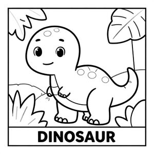 Friendly baby dinosaur in jungle with leaves, bold outlines, black and white only, TEXT AT BOTTOM CENTER: "DINOSAUR"