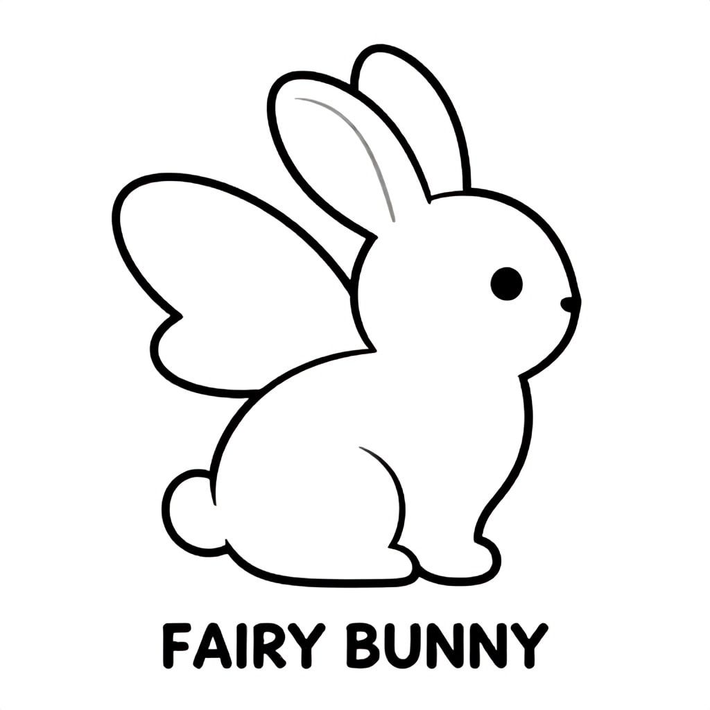 Chú thỏ ma thuật dễ thương với đôi cánh cổ tích, hình dạng đơn giản, chỉ đen trắng, VĂN BẢN Ở GIỮA DƯỚI CÙNG: "THỎ TIÊN"