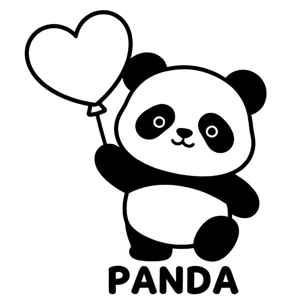 Gấu trúc con cầm bóng trái tim, đường viền đậm, chỉ đen trắng, VĂN BẢN Ở GIỮA DƯỚI CÙNG: "GẤU TRÚC"