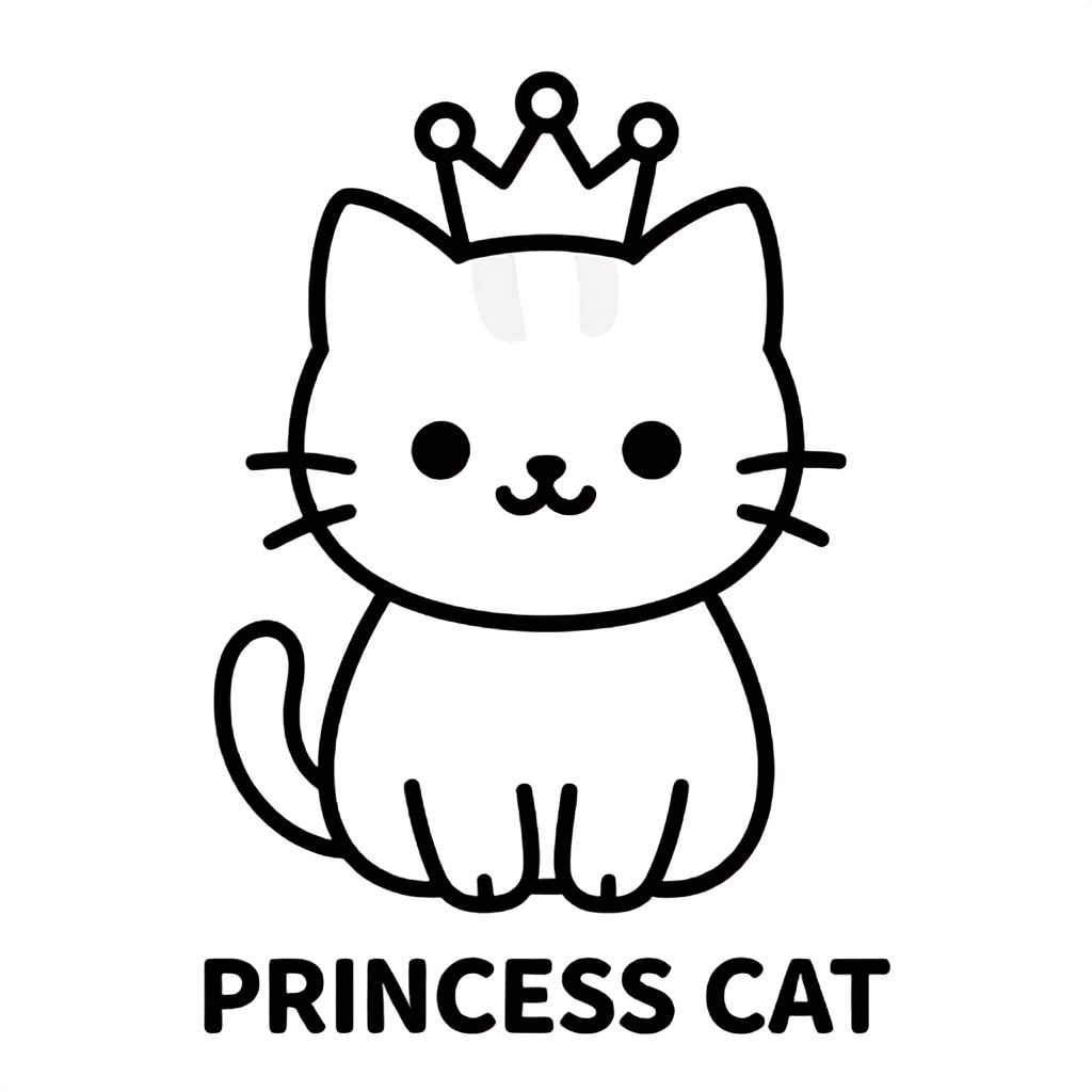 Mèo con dễ thương đội vương miện ngồi, hình dáng đơn giản, chỉ đen trắng, VĂN BẢN Ở GIỮA DƯỚI CÙNG: "MÈO CÔNG CHÚA"