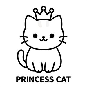 Mèo con dễ thương đội vương miện ngồi, hình dáng đơn giản, chỉ đen trắng, VĂN BẢN Ở GIỮA DƯỚI CÙNG: "MÈO CÔNG CHÚA"
