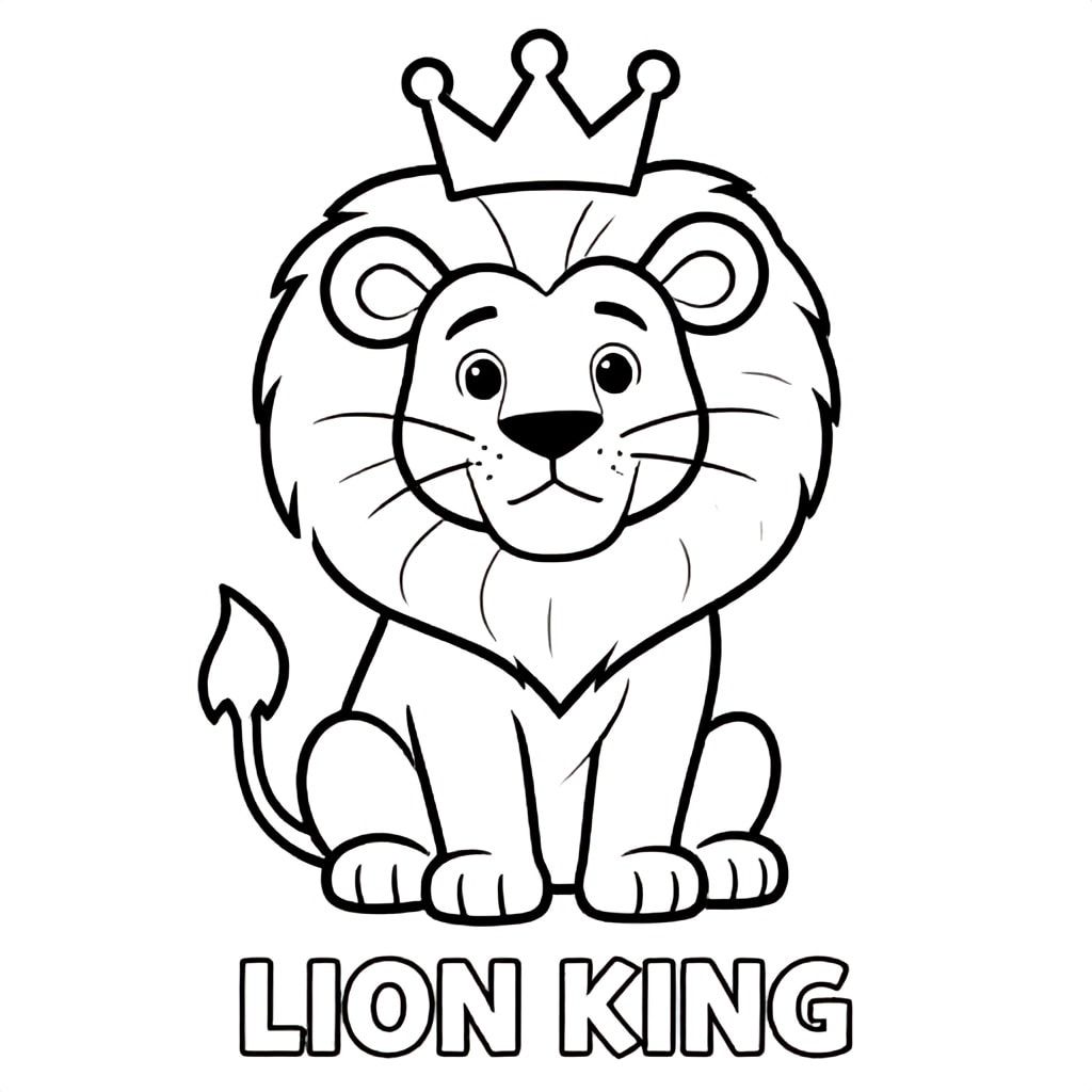 Sư tử con đội vương miện ngồi kiêu hãnh, đường viền đậm, chỉ đen trắng, VĂN BẢN Ở GIỮA DƯỚI CÙNG: "VUA SƯ TỬ"