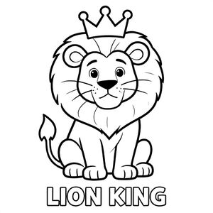 Sư tử con đội vương miện ngồi kiêu hãnh, đường viền đậm, chỉ đen trắng, VĂN BẢN Ở GIỮA DƯỚI CÙNG: "VUA SƯ TỬ"