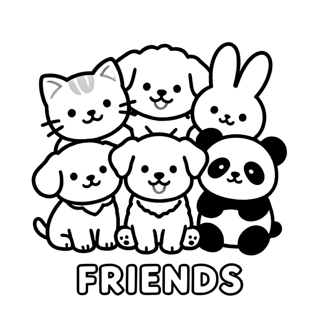 Nhóm động vật dễ thương cùng nhau mỉm cười (mèo con, thỏ, gấu trúc), trang cuối ở giữa, đường viền đậm, chỉ đen trắng, VĂN BẢN Ở GIỮA DƯỚI CÙNG: "BẠN BÈ"