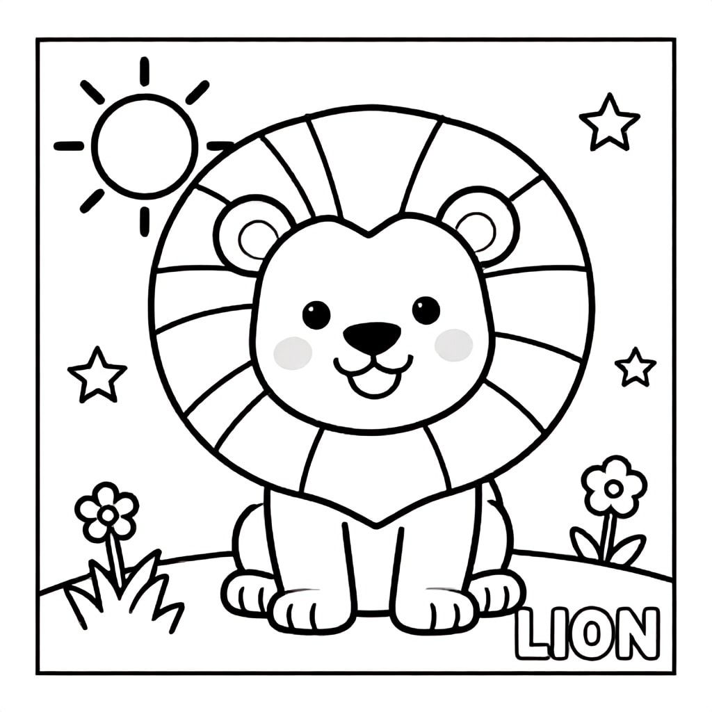 Tạo một bức tranh tô màu đen trắng cao cấp cho trẻ em từ 3–8 tuổi.

MỘT CON SƯ TỬ CON RẤT LỚN dễ thương mỉm cười với bờm bồng bềnh.

Thêm mặt trời, cỏ, hoa, sao.

Đường viền đậm, không đổ bóng, bao gồm đường viền.

VĂN BẢN:
"Sư tử"