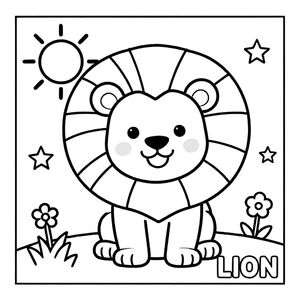 Tạo một bức tranh tô màu đen trắng cao cấp cho trẻ em từ 3–8 tuổi.

MỘT CON SƯ TỬ CON RẤT LỚN dễ thương mỉm cười với bờm bồng bềnh.

Thêm mặt trời, cỏ, hoa, sao.

Đường viền đậm, không đổ bóng, bao gồm đường viền.

VĂN BẢN:
"Sư tử"