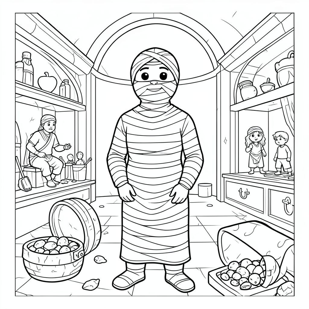 Xác ướp trong bảo tàng, kho báu, trang tô màu đơn giản cho trẻ em về cuốn sách từ Geronimo Stilton de xác ướp không tên