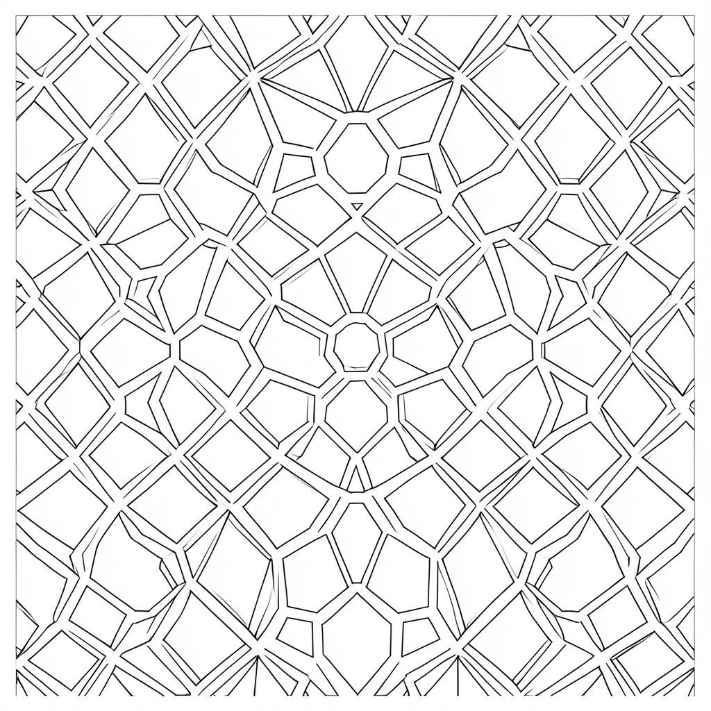 Tạo một trang sách tô màu chất lượng cao với hoa văn hình học lặp lại liền mạch. Thiết kế phải sạch sẽ, cân bằng và đẹp mắt về mặt thị giác, tương tự như nghệ thuật đường nét trừu tượng hiện đại và các mẫu tessellation. 

Phong cách: 
- Chỉ nghệ thuật đường nét đen trắng (không màu, không đổ bóng)
- Các đường vector sắc nét, mượt mà
- Độ dày đường trung bình (không quá mỏng, không quá dày)
- Phong cách hình học tối giản và hiện đại
- Không có độ dốc, không có kết cấu

Yêu cầu mẫu: 
- Mẫu lặp lại liền mạch bao phủ toàn bộ trang
- Bố cục đối xứng hoặc tessellated
- Lấy cảm hứng từ tổ ong, hình dạng lồng vào nhau, hoa văn ảo ảnh quang học hoặc hình học trừu tượng
- Khoảng cách nhất quán giữa các dòng để dễ dàng tô màu
- Tránh các chi tiết quá phức tạp; giữ nó phù hợp với lứa tuổi 10+

Thiết lập trang: 
- Nền trắng
- Mô hình căn giữa và phân bố đều
- Không văn bản, không hình mờ, không viền
- Độ phân giải cao (300 DPI)
- Hướng dọc (8,5 x 11 inch)

Mục tiêu: 
Thiết kế phải thư giãn và thú vị khi tô màu, với các hình dạng hài lòng lặp đi lặp lại để tạo ra một mẫu hấp dẫn trực quan mà không làm người dùng choáng ngợp.
