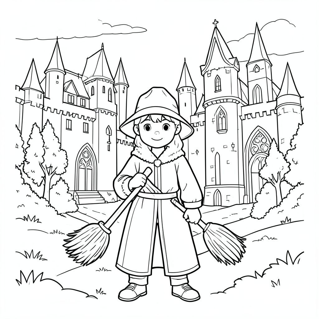 Harry Potter đứng trong Hogwards với một cây chổi
