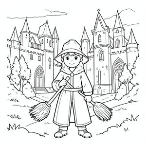 Harry Potter đứng trong Hogwards với một cây chổi
