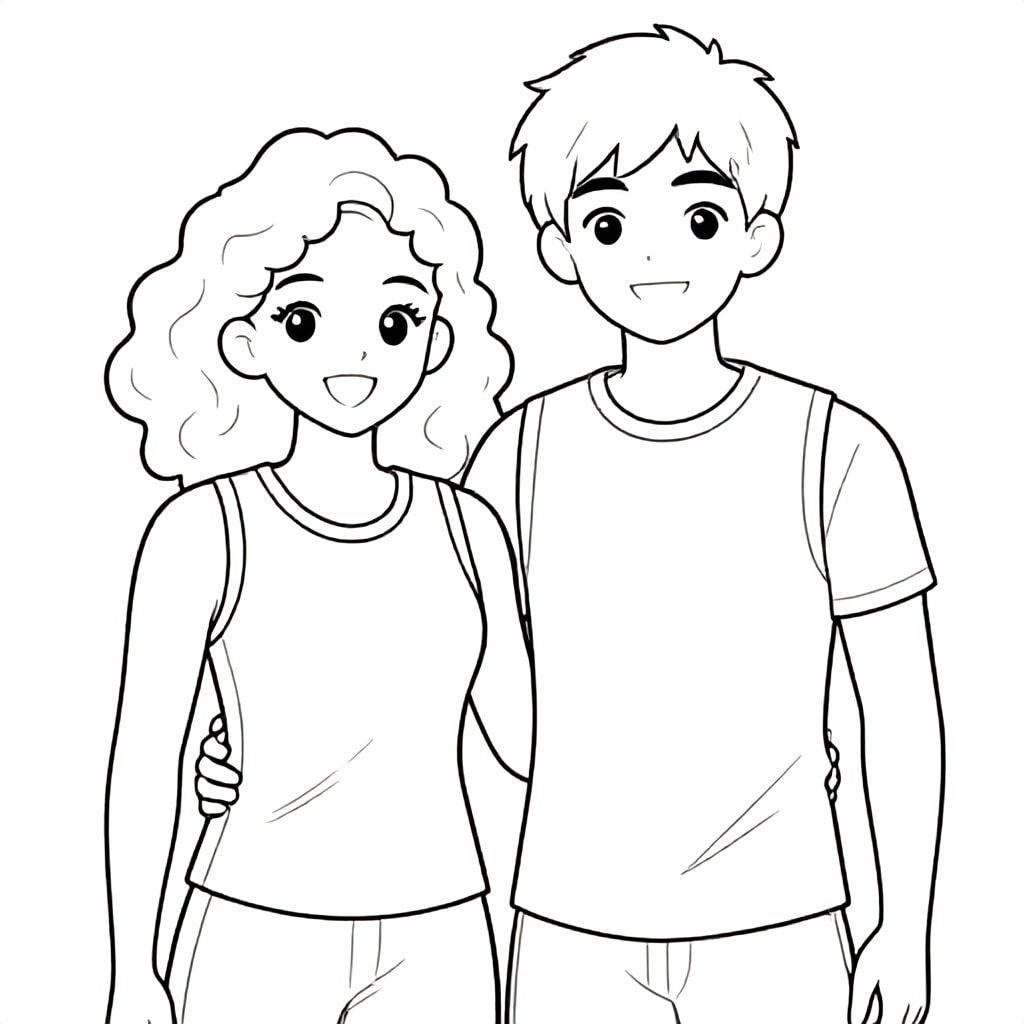 Tranh tô màu cặp đôi màu đen tóc xoăn thực tế và trong highscool
Cả hai đều mặc trang phục thể thao 