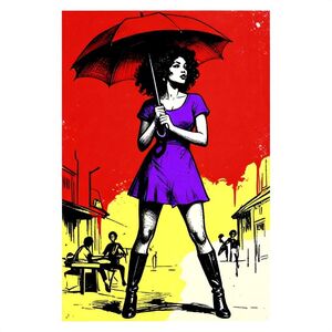 Α black African jazz woman fluffy hair  holding a red umbrella. She is wearing a purple mini dress and over the knee boots and has long dark hair. The umbrella is open and the girl is standing in front of a yellow watercolor background. The woman is holding the handle of the umbrella with both hands and is looking off to the side. The illustration is done in a sketch-like style with loose lines and shading. High-contrast vintage ink illustration, retro noir graphic novel aesthetic, bold monochrome rendering with dominant black ink and off-white tones, strong silhouette emphasis, rough expressive brush strokes combined with dry-brush texture, heavy grain and paper noise, distressed print effect, halftone and ink bleed imperfections, hand-drawn cross-hatching and scratchy linework, gritty analog print style, screenprint/poster-like finish, limited color palette with striking flat background (solid red or bold single color), dramatic negative space usage, cinematic composition with layered collage structure, mixed scale elements (oversized upper figure + smaller narrative scene below), editorial illustration style, mid-20th century pulp magazine influence, slightly abstracted anatomy with exaggerated wrinkles and texture, raw imperfect edges, splatter and ink blot accents, matte finish with minimal gloss, high visual tension,  stark lighting with deep shadows and blown highlights, minimal gradients (mostly flat tones), distressed typography integration feel (optional), vintage propaganda/poster vibe
tambahan penting (agar wajah/objek tetap konsisten & bisa dipakai ke objek lain):
preserve original facial structure, maintain exact proportions and identity, no distortion on main subject, style applied only to rendering and environment, consistent facial integrity, modular composition, subject-agnostic style, adaptable to any central object without altering its form.