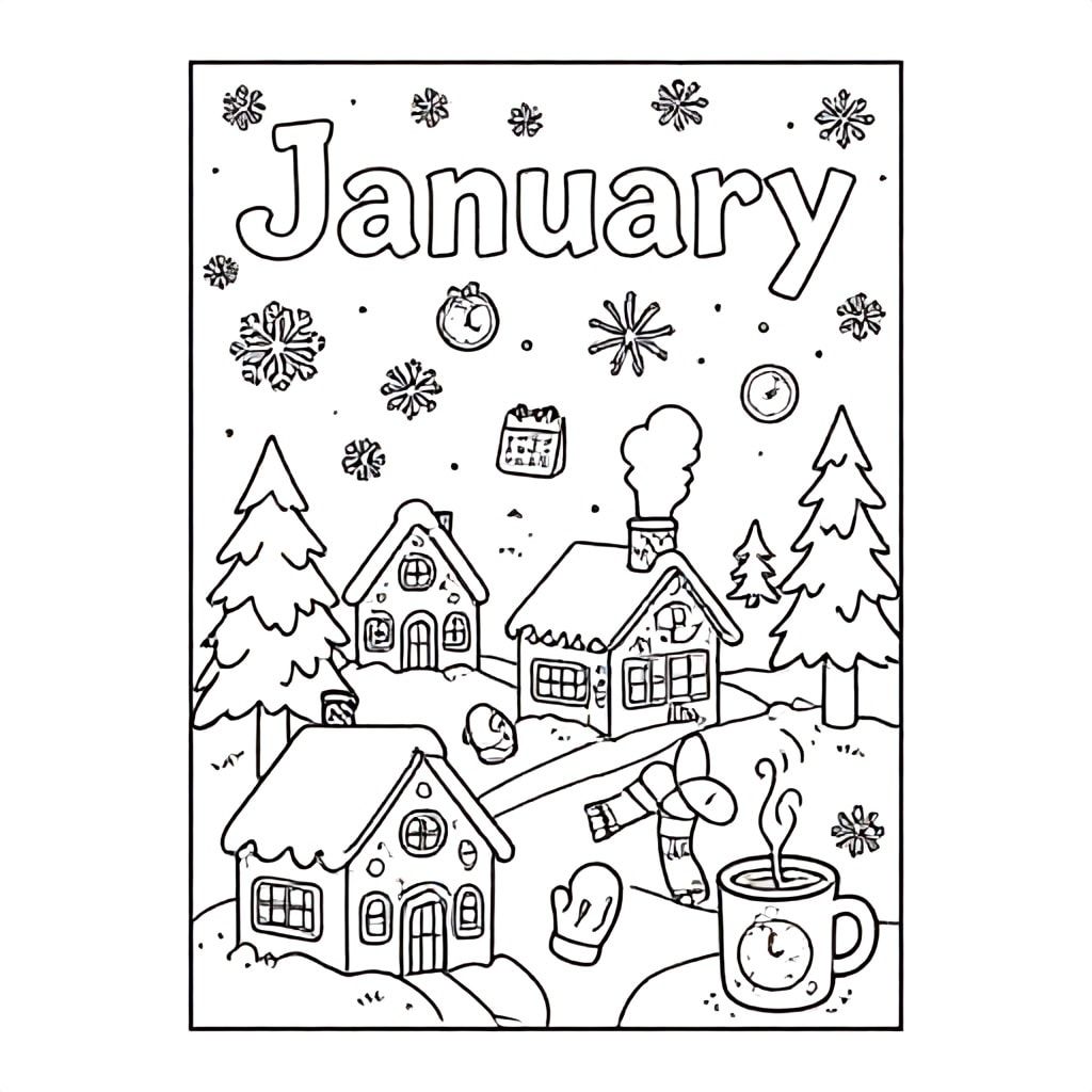 "Create a detailed black-and-white coloring page in A4 landscape (297x210 mm) featuring the month 'January'. Include winter elements like snowflakes, snow-covered trees, cozy houses with smoke coming from chimneys, scarves, mittens, and hot cocoa mugs. Add the word 'January' in large decorative letters at the top. Include small calendar icons and New Year celebration elements like fireworks and clocks striking midnight. Style should be clean line art, highly detailed, suitable for coloring."
