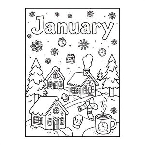 "Create a detailed black-and-white coloring page in A4 landscape (297x210 mm) featuring the month 'January'. Include winter elements like snowflakes, snow-covered trees, cozy houses with smoke coming from chimneys, scarves, mittens, and hot cocoa mugs. Add the word 'January' in large decorative letters at the top. Include small calendar icons and New Year celebration elements like fireworks and clocks striking midnight. Style should be clean line art, highly detailed, suitable for coloring."