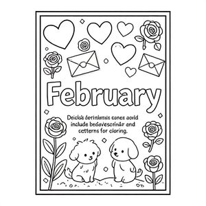 "Design a black-and-white A4 landscape coloring page for 'February'. Include Valentine's Day themes such as hearts, roses, love letters, and cute couples or animals. Add winter-to-spring transition elements like light snow and early flowers. The word 'February' should be prominent in stylish lettering. Include decorative borders and patterns for coloring."