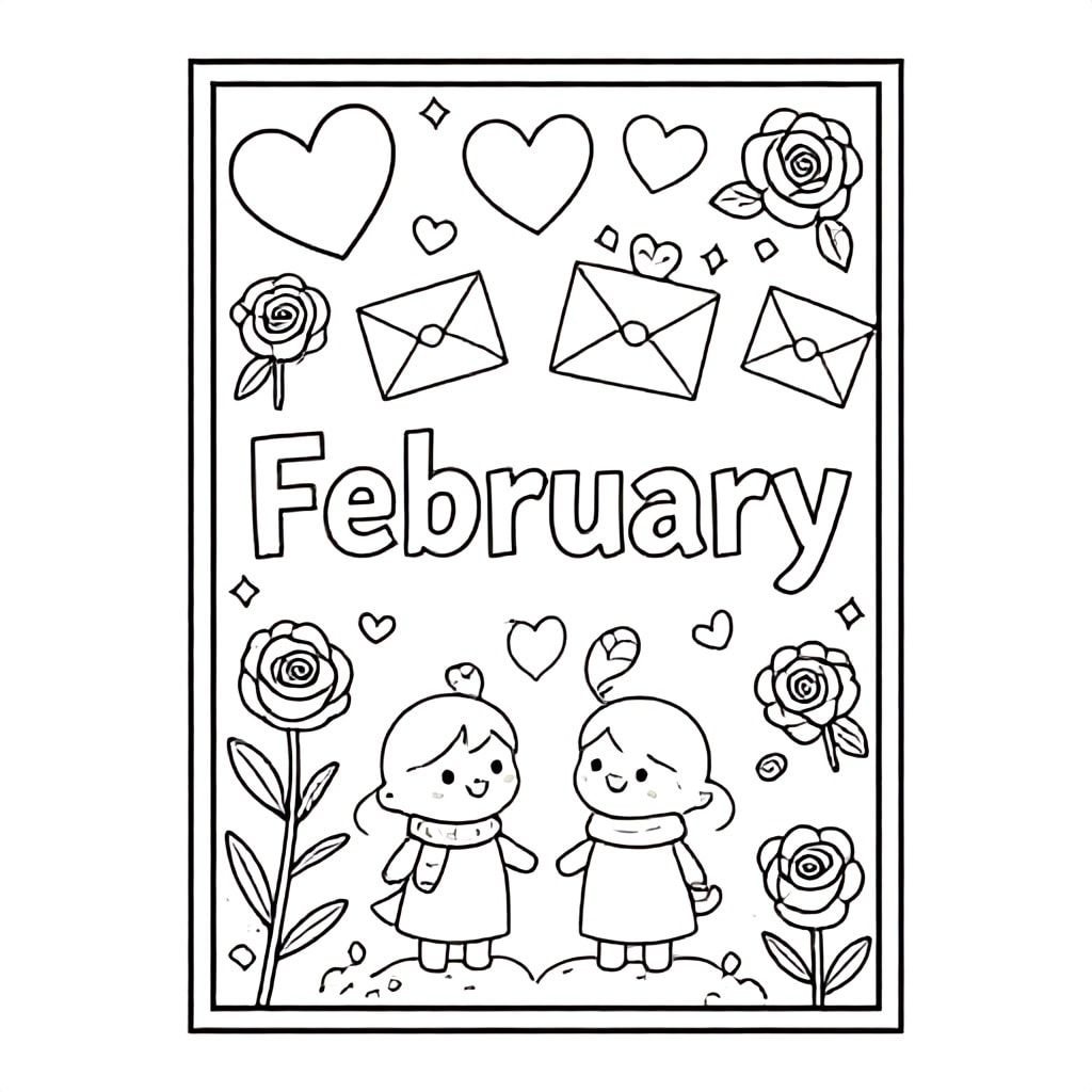 "Design a black-and-white A4 landscape coloring page for 'February'. Include Valentine's Day themes such as hearts, roses, love letters, and cute couples. Add winter-to-spring transition elements like light snow and early flowers. The word 'February' should be prominent in stylish lettering. Include decorative borders and patterns for coloring."