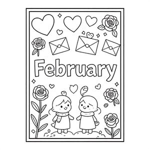 "Design a black-and-white A4 landscape coloring page for 'February'. Include Valentine's Day themes such as hearts, roses, love letters, and cute couples. Add winter-to-spring transition elements like light snow and early flowers. The word 'February' should be prominent in stylish lettering. Include decorative borders and patterns for coloring."