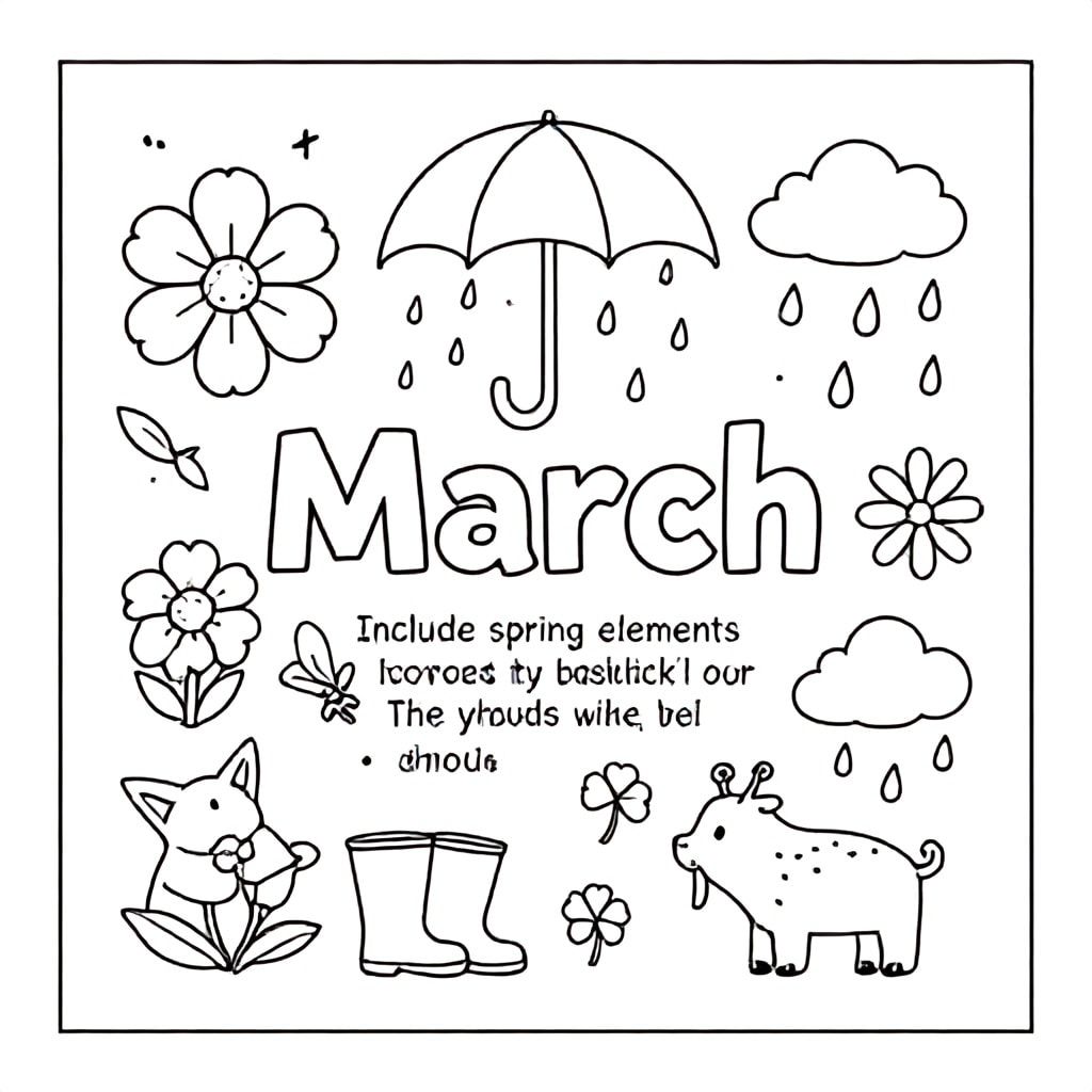 "Create a detailed A4 landscape coloring page for 'March'. Include spring elements like blooming flowers, rain showers, umbrellas, rain boots, and wind. Add symbols like clovers for St. Patrick’s Day. The word 'March' should be bold and decorative. Include clouds, raindrops, and playful animals."