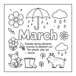 "Create a detailed A4 landscape coloring page for 'March'. Include spring elements like blooming flowers, rain showers, umbrellas, rain boots, and wind. Add symbols like clovers for St. Patrick’s Day. The word 'March' should be bold and decorative. Include clouds, raindrops, and playful animals."