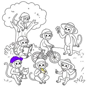 There are 7 monkeys in the garden. 1. In the background, there is a big tree, a monkey wearing a cap is climbing on it. 2. Under the tree is a monkey wearing a cap, he is reading a book, he looks happy. 3. On the right , there is a tall monkey, she's wearing a sun hat and holding some flowers. 4. In the middle is a monkey with a cap, he is riding a bike. 5. In the front, a monkey with a cap is sitting and eating a banana. 6. Another lovely monkey with a sun hat is playing with a doll. 7. On the left, A monkey with a purple cap is playing with a cat. This is the only one cap has got color, because this is an example.
