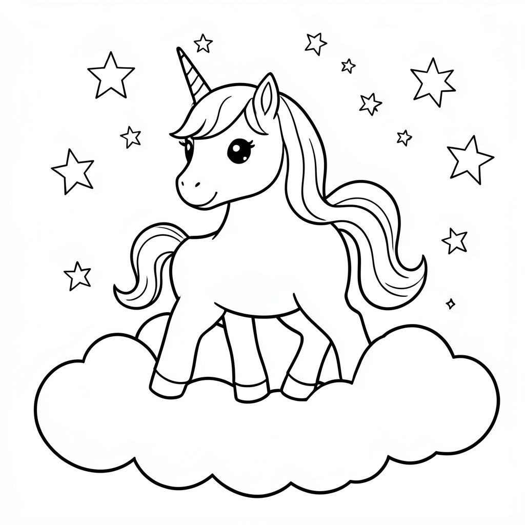 Cute unicorn standing on clouds, stars around, simple line art, coloring book style