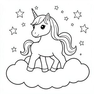 Cute unicorn standing on clouds, stars around, simple line art, coloring book style