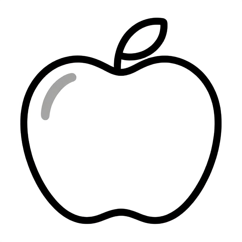 A simple, cute, cartoon-style apple for kids aged 3 to 6 years, bold thick outlines, clean white background, large shapes for easy coloring, no text, no shading, kid-friendly illustration, centered on the page